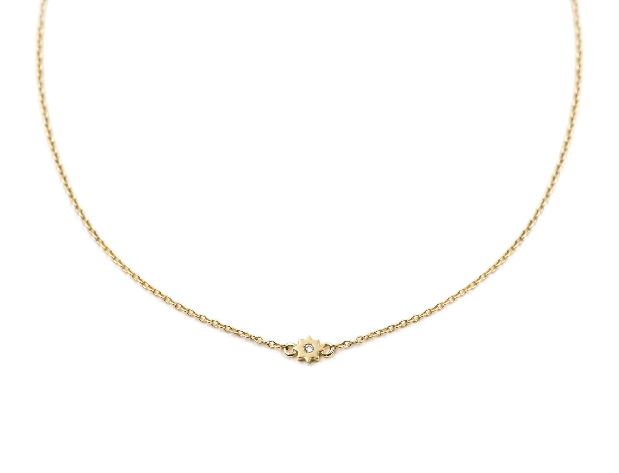 Mini Starburst & White Diamond Dainty Necklace in Yellow Gold