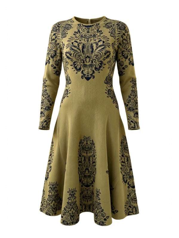 Callista Jacquard Dress in Olive featuring elegant graphic botanicals on a lush backdrop.