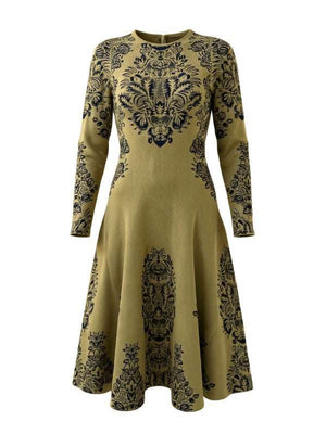 Callista Jacquard Dress in Olive featuring elegant graphic botanicals on a lush backdrop.