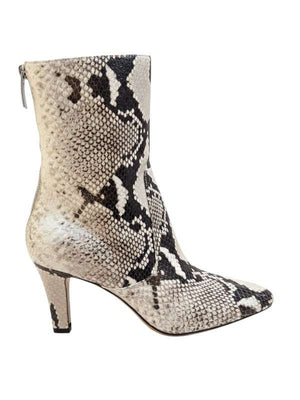 Elsa Zipped Ankle Boot in Printed Python showcasing its round-toe design and stylish covered cone heel.
