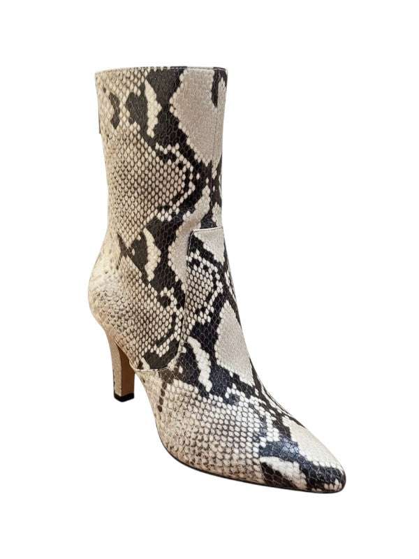 Close-up view of the Elsa Zipped Ankle Boot in Printed Python highlighting the natural color and calf leather material.