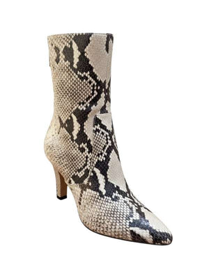 Close-up view of the Elsa Zipped Ankle Boot in Printed Python highlighting the natural color and calf leather material.