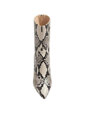 Lifestyle image of the Elsa Zipped Ankle Boot in Printed Python worn in a fashionable outfit, perfect for any casual occasion.