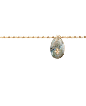 Close-up of the Gaia No1 Necklace in Labradorite showcasing the intricate design and quality craftsmanship with labradorite and diamonds.