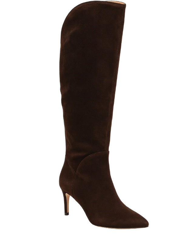 Gaia Suede Boot in Ebano showcasing the covered heel in 60mm height, made in Italy for a chic look.