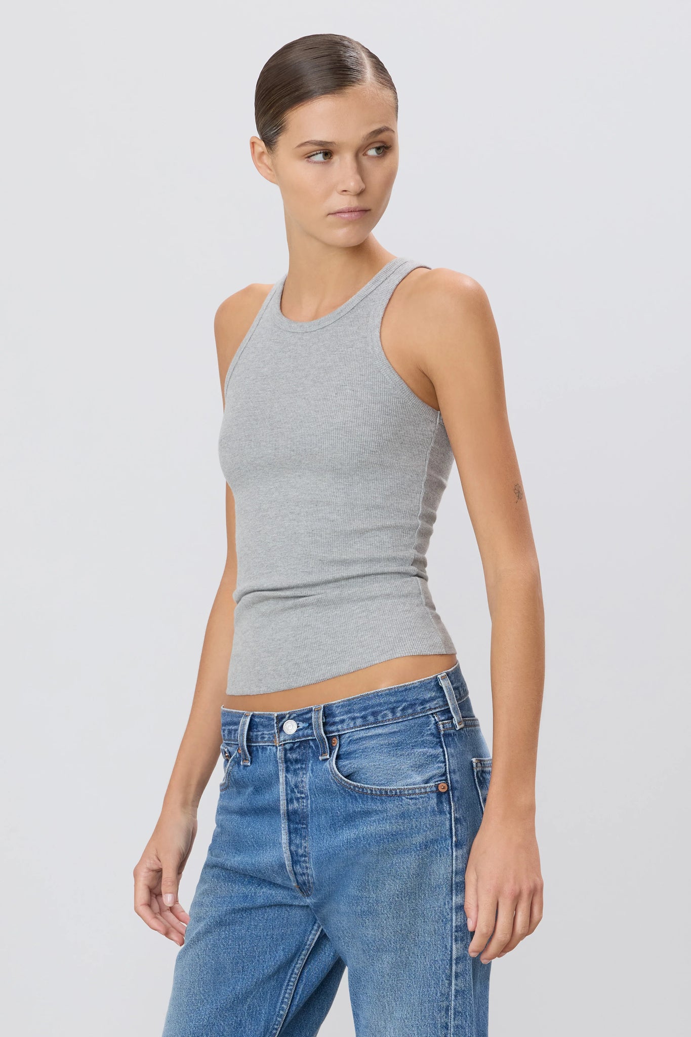 High Neck Fitted Tank in Heather Grey