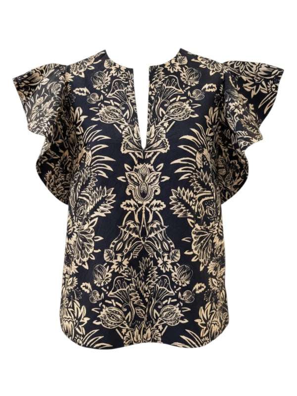 Severine Flutter Sleeve Top in Noir Flora by Ulla Johnson featuring a black and ivory botanical print with flutter sleeves.