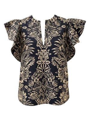 Severine Flutter Sleeve Top in Noir Flora by Ulla Johnson featuring a black and ivory botanical print with flutter sleeves.