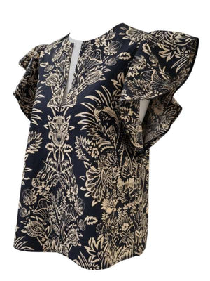 Close-up of the Severine Flutter Sleeve Top in Noir Flora by Ulla Johnson showing the detailed batik texture and loose fit.