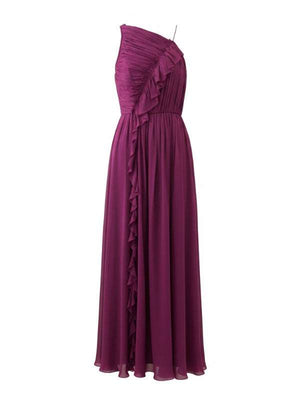 Aisha Pleated Gown in Mulberry by Ulla Johnson, showcasing a sophisticated one-shoulder pleated design with a flowing full-length skirt and elegant ruffles cascading from shoulder to hem, crafted in luxurious 100% silk.