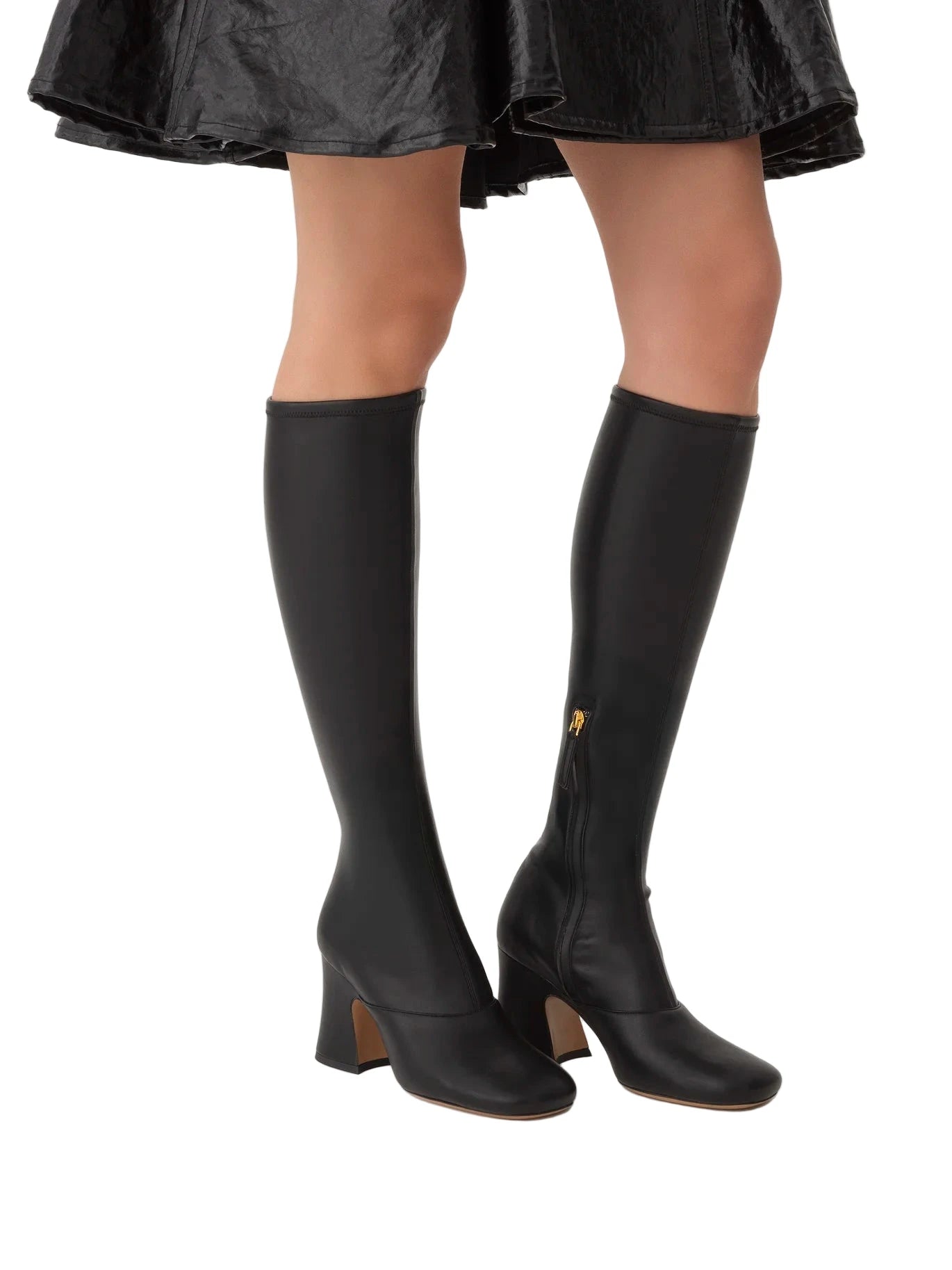 Chloé Janis Heeled Boots in Black showcasing the sleek leather-effect stretch textile and sophisticated square-toe design.
