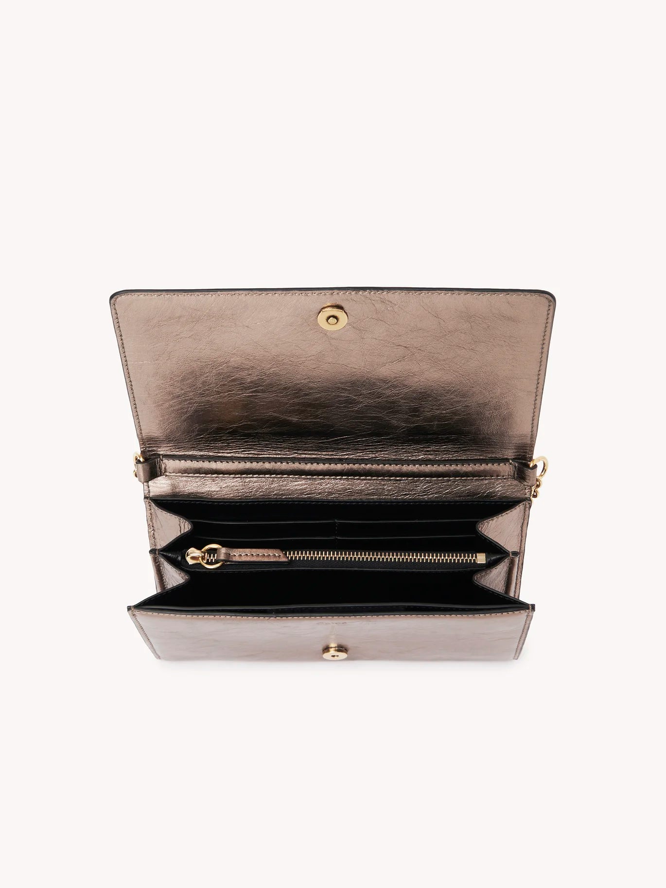 Iconic Flap Wallet on Chain in Shiny Grey Metallized Leather