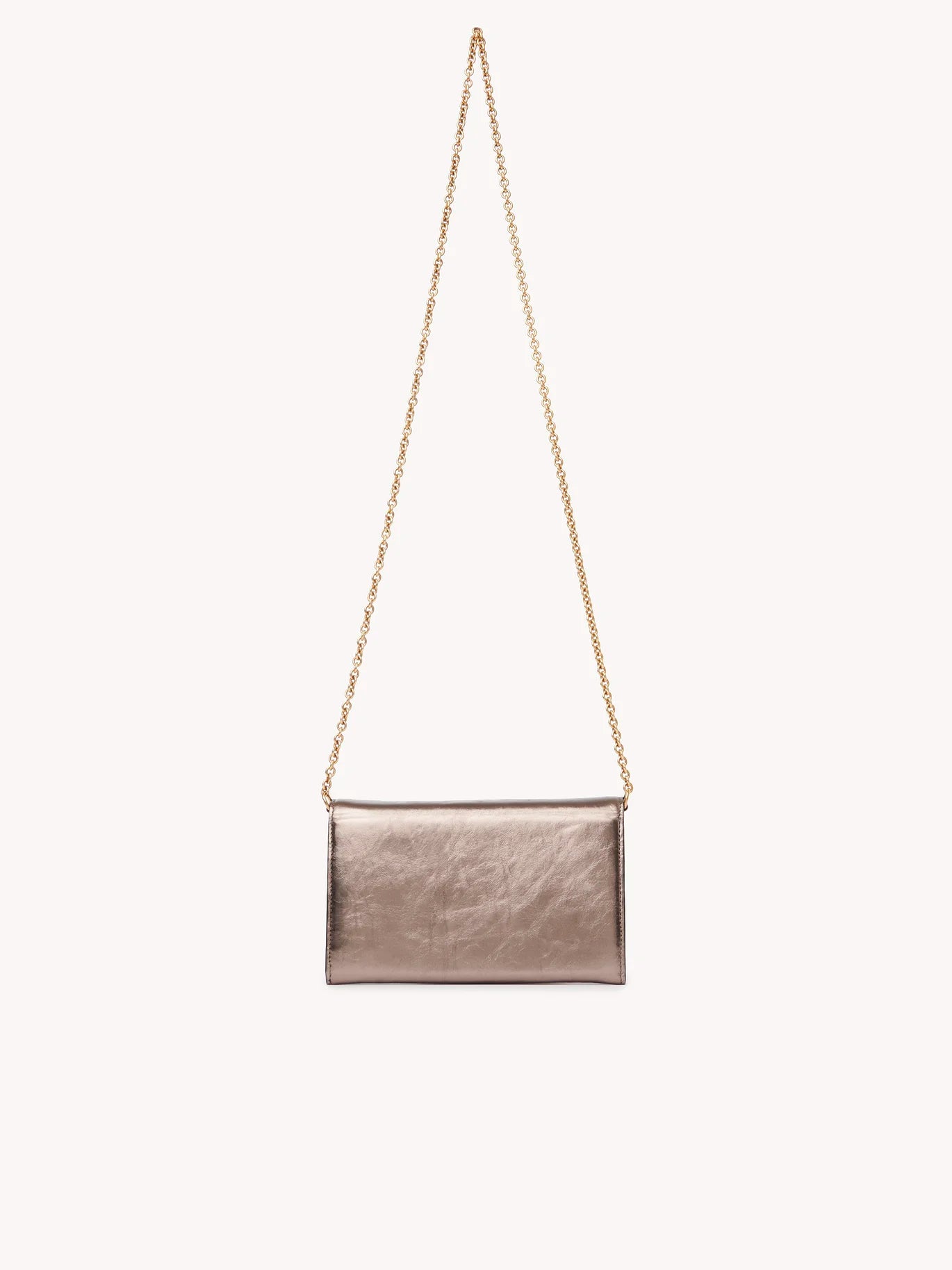 Iconic Flap Wallet on Chain in Shiny Grey Metallized Leather