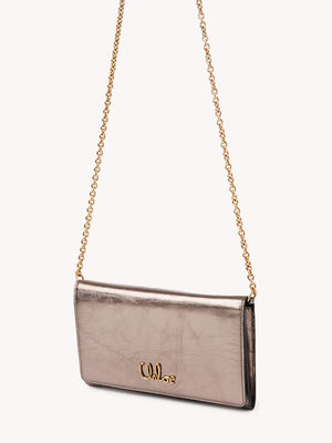 Iconic Flap Wallet on Chain in Shiny Grey Metallized Leather